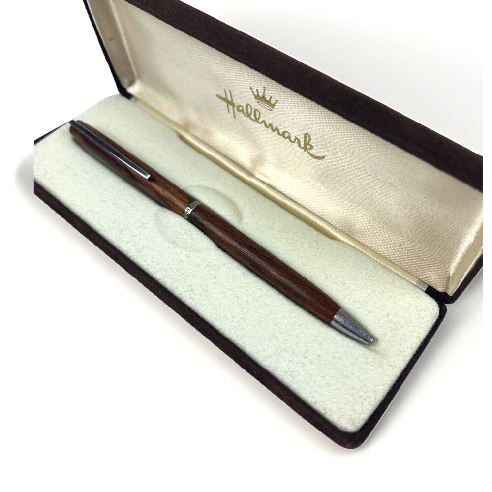 VTG Hallmark Ball Point Pen Natural Hard Wood Presentation Box Chrome plated Tip